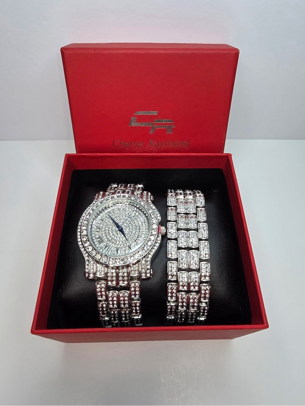Charles Raymond Silver-Tone Quartz Analog Gem-Set Watch w/ Box, 40-43.9mm